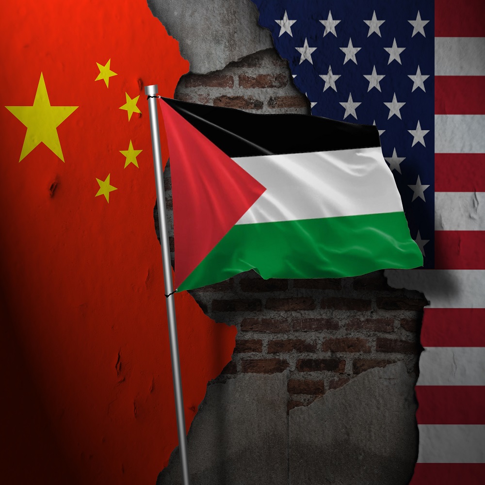 Palestinian flag, on the background flags of China and the USA